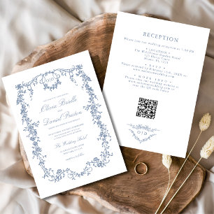 Invitación Boda floral de código QR azul polvoriento de Victo