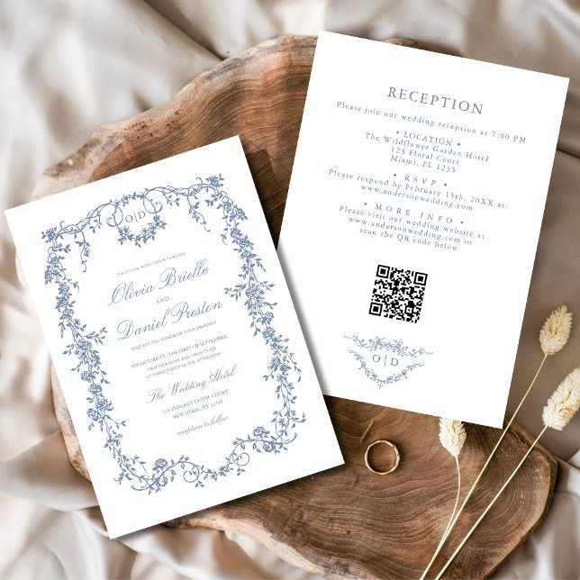 Invitación Boda floral de código QR azul polvoriento de Victo (Subido por el creador)