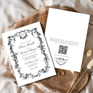 Invitación Boda floral de código QR blanco negro victoriano