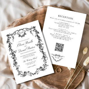 Invitación Boda floral de código QR blanco negro victoriano