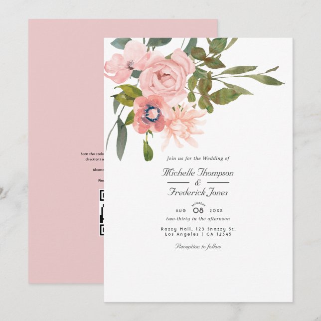 Invitación Boda floral de código QR de respuesta RSVP rosa so (Anverso / Reverso)