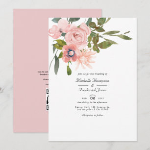 Invitación Boda floral de código QR de respuesta RSVP rosa so