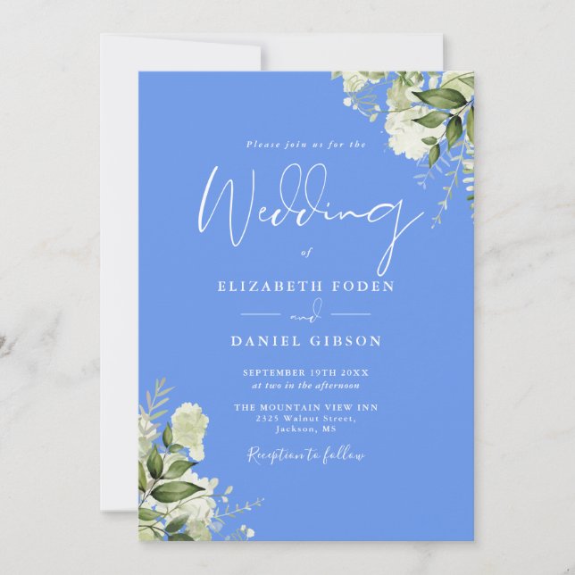 Invitación Boda Floral de Código QR de Verde Azul de Aciano (Anverso)