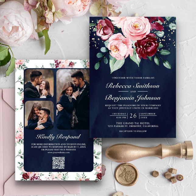 Invitación Boda floral de código QR rosa burgundy rosa sonroj (Subido por el creador)