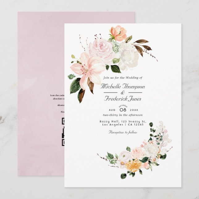 Invitación Boda floral de código QR RSVP pastel rosa (Anverso / Reverso)