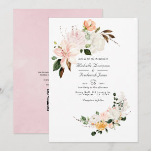 Invitación Boda floral de código QR RSVP pastel rosa