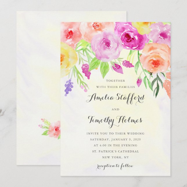 Invitación Boda floral de color acuático colorido (Anverso / Reverso)