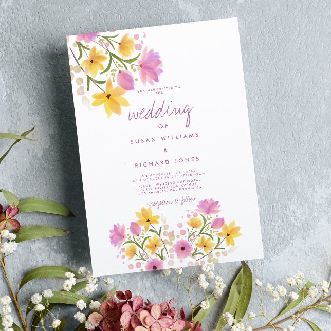 Invitación Boda floral de color amarillo rosado moderno (Modern pink yellow watercolor floral wedding)