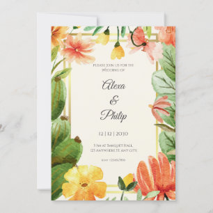 Invitación Boda floral de color amarillo verde naranja