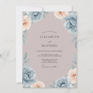 Invitación Boda floral de color azul acero y malva