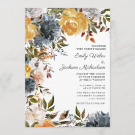 Invitación Boda Floral de color azul de la Marina Amarilla de