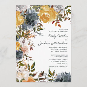 Invitación Boda Floral de color azul de la Marina Amarilla de