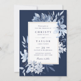 Invitación Boda floral de color azul de la marina moderna