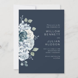 Invitación Boda floral de color azul de la marina moderna