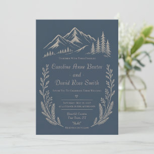 Invitación Boda floral de color azul marino con tema de bosqu