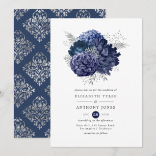 Invitación Boda floral de color azul marino y plata