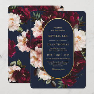 Invitación Boda floral de color azul marino y rubor de borgoñ