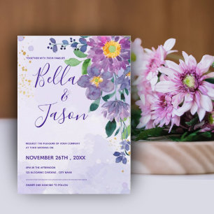 Invitación Boda floral de color azul morado bonito