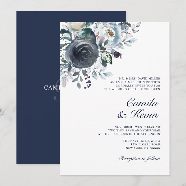 Invitación Boda floral de color azul turbio (Anverso / Reverso)