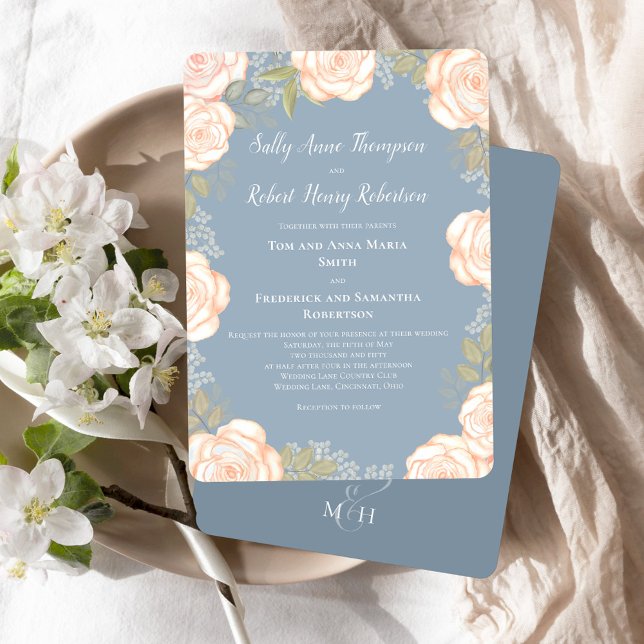 Invitación Boda floral de color azul turbio (Dusty blue wedding invitations with watercolor blush pink floral.)