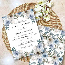 Invitación Boda floral de color azul turbio clásico