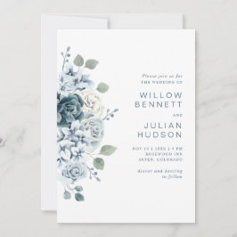 Invitación Boda floral de color azul turbio moderno
