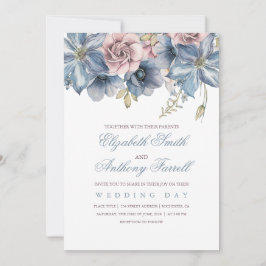 Invitación Boda floral de color azul turbio y malva