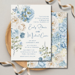 Invitación Boda floral de color azul turbio y romántico