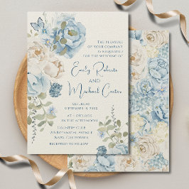 Invitación Boda floral de color azul turbio y romántico