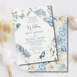 Invitación Boda floral de color azul turbio y romántico