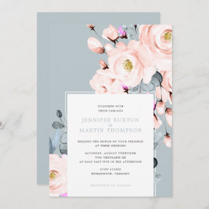 Invitación Boda floral de color azul turbio y Rubor