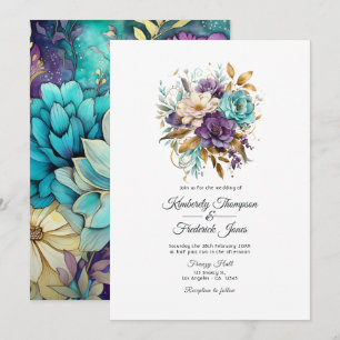Invitación Boda floral de color azul verdoso, púrpura y dorad