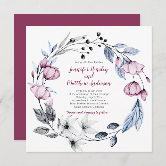 Invitación Boda floral de color azul y rosa | (Anverso / Reverso)