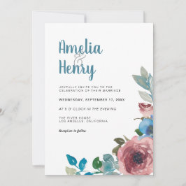 Invitación Boda floral de color azul y rosa moderno