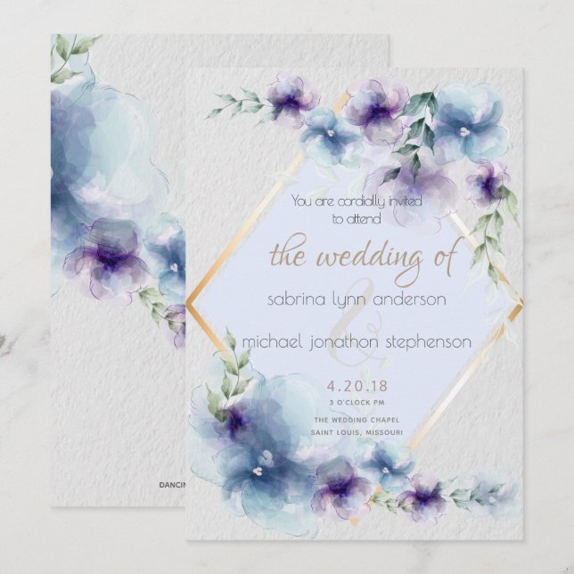 Invitación Boda | Floral de color azul y violeta (Anverso / Reverso)