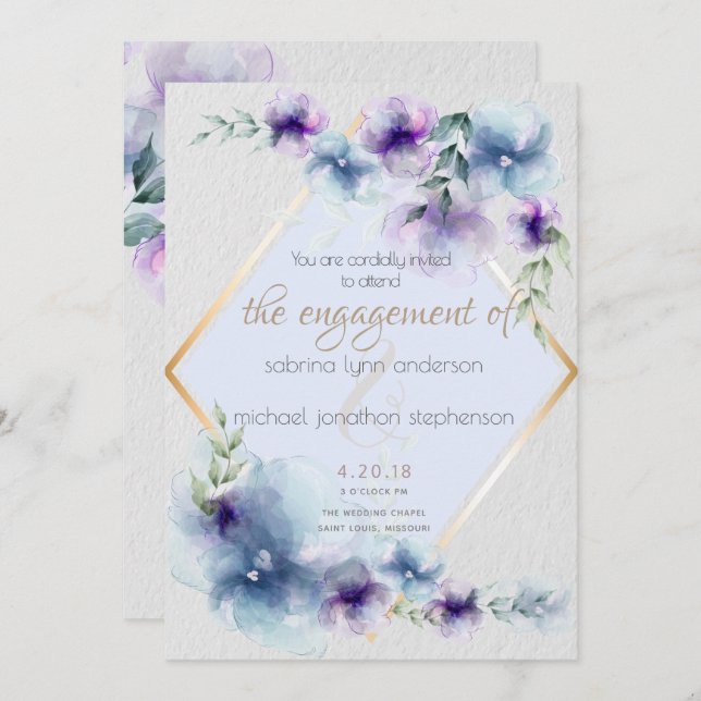 Invitación Boda | Floral de color azul y violeta (Anverso / Reverso)