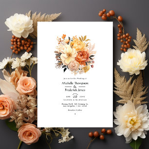 Invitación Boda floral de color beige, melocotón y arena