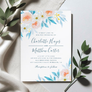 Invitación Boda floral de color blanco y azul moderno