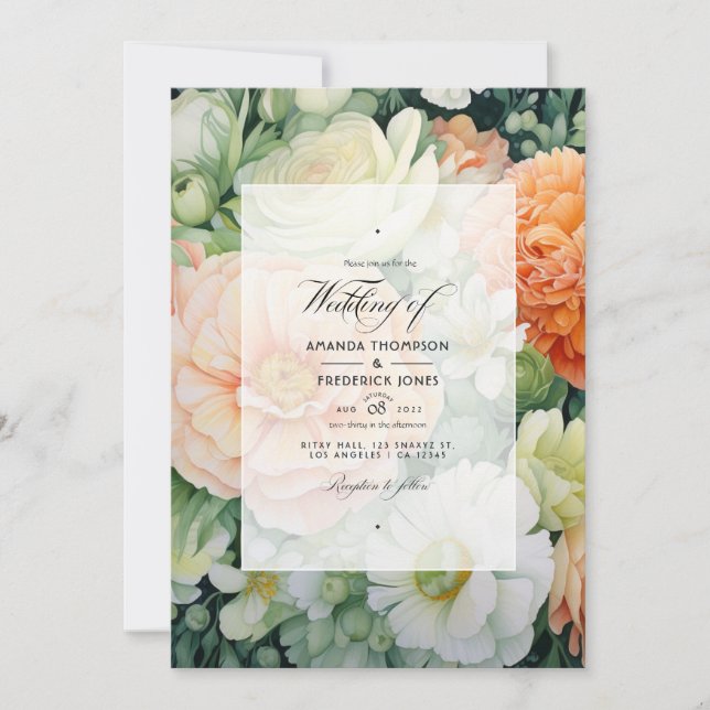 Invitación Boda floral de color blanco y verde (Anverso)