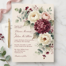 Boda floral de color burdeos con acuarela rosa
