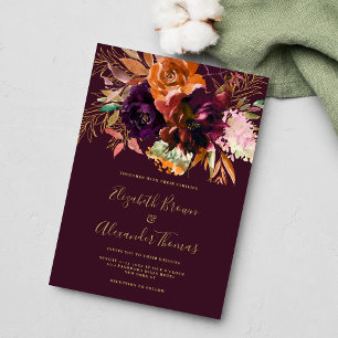 Invitación Boda floral de color burdeos de durazno dorado ros