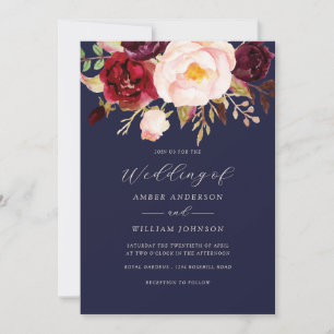 Invitación Boda floral de color burdeos y rubor navy