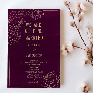 Invitación Boda floral de color burgundy con peonía dorada