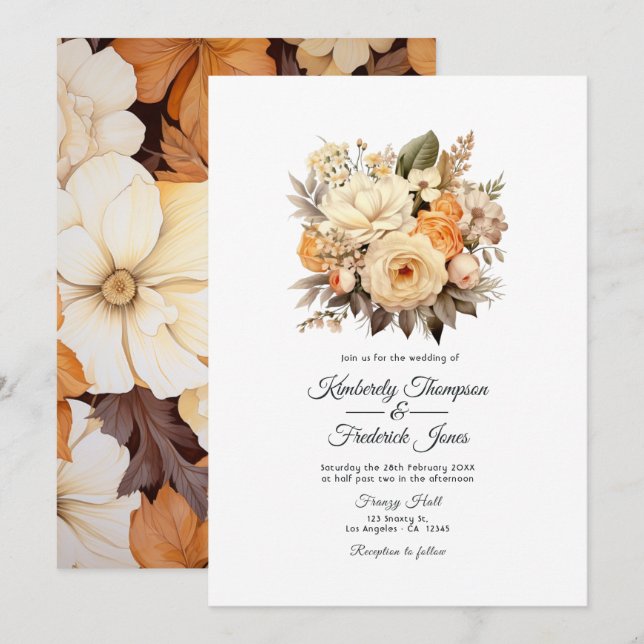 Invitación Boda floral de color champán (Anverso / Reverso)