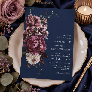 Invitación Boda floral de color ciruela oscuro y burgundy azu