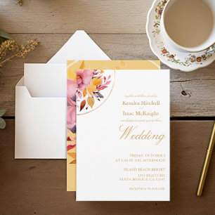 Invitación Boda floral de color de agua amarillo dorado Boho