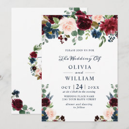 Invitación Boda floral de color de agua azul de la Marina de