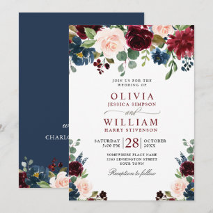 Invitación Boda floral de color de agua azul de la Marina de 