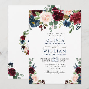 Invitación Boda floral de color de agua azul de la Marina de 