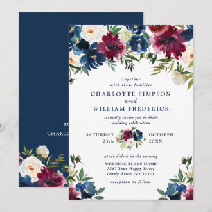 Invitación Boda floral de color de agua azul de la Marina de 